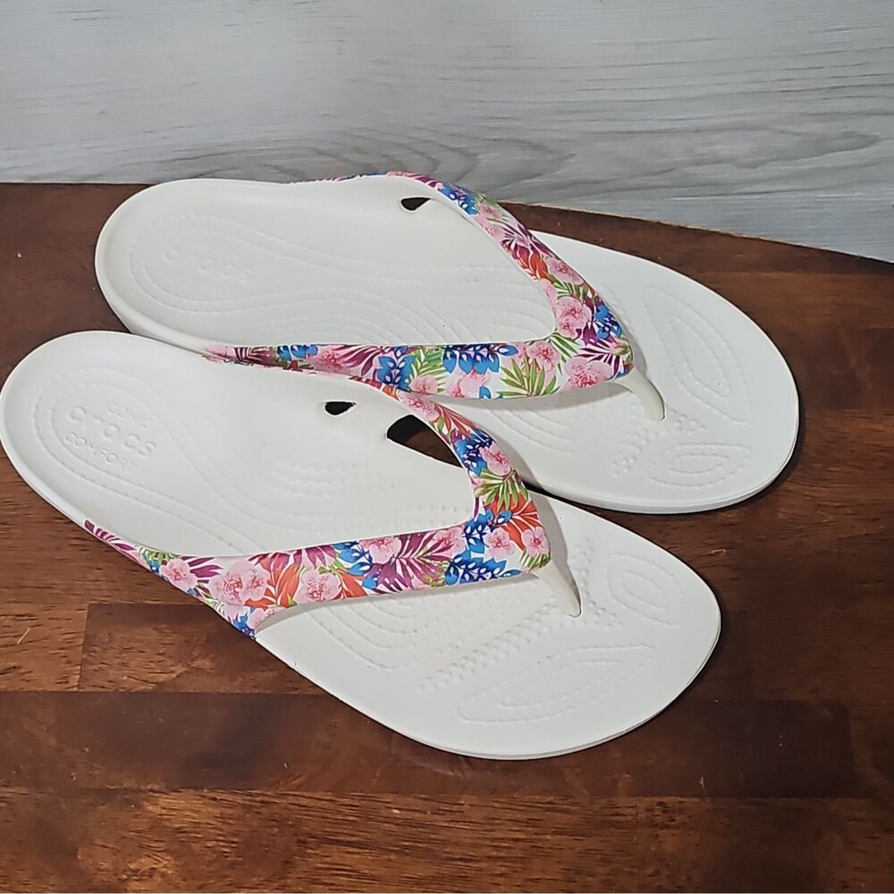 Crocs Womens Kadee II Graphic Flip Flop Pink Multi Floral Thong Sandal Sz 7